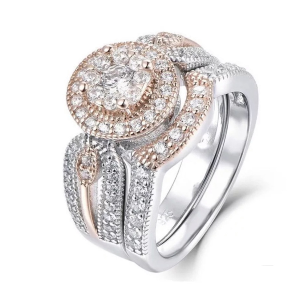 Round Cubic Zirconia Filigree Wedding Ring Two Piece Set